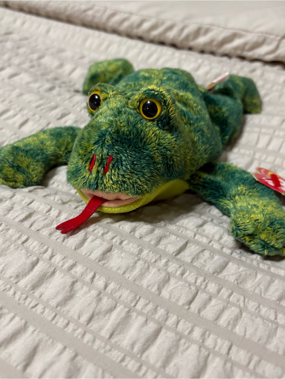 Ty Green Plush Frog with Red Tongue and Yellow Eyes